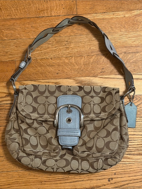 Coach Handbags - Coach soho flap Tan Signature Canvas Shoulder Bag with Light Blue Trim vintage